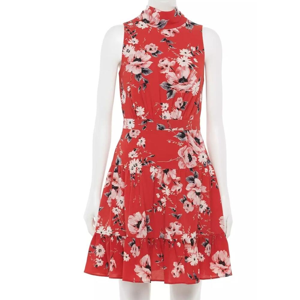 ELLE‎ Dress Sz XXL Floral Tiered High Neck Low Back Bow Tie Party Career New